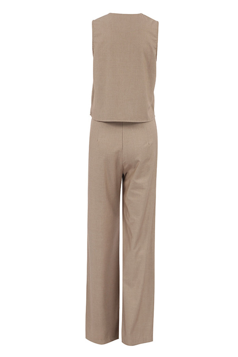 British Style Simplicity Solid Pocket V Neck Sleeveless Two Pieces
