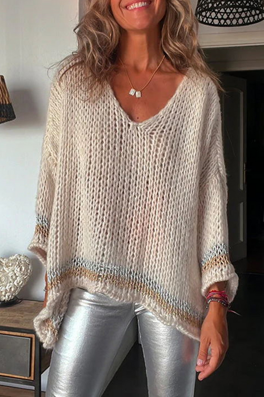 Casual Solid Tassel Contrast V Neck Sweaters