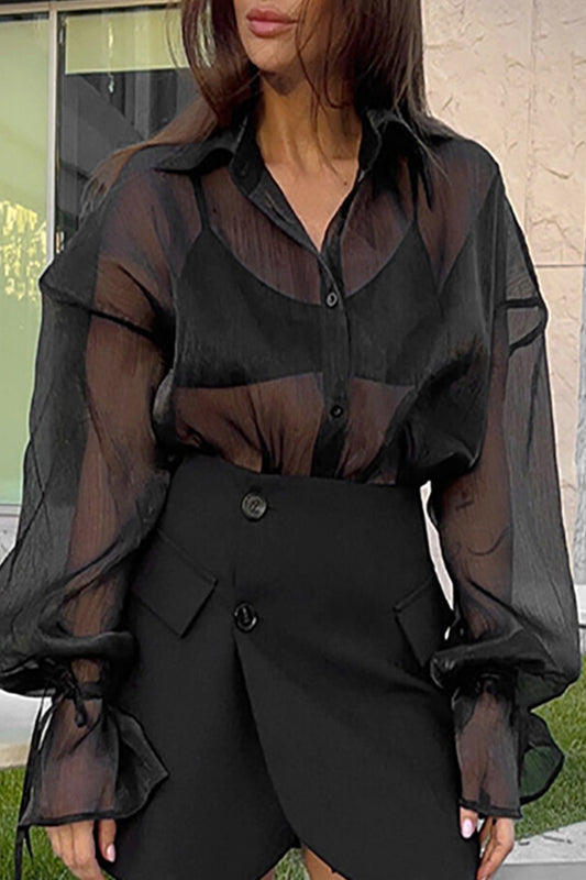 Sexy Solid See-through Mesh Turndown Collar Blouses