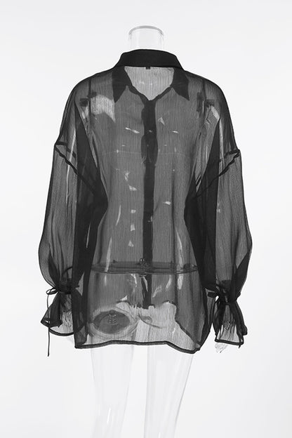 Sexy Solid See-through Mesh Turndown Collar Blouses
