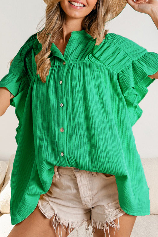 Casual Solid Fold Stringy Selvedge Mandarin Collar Blouses(5 Colors)