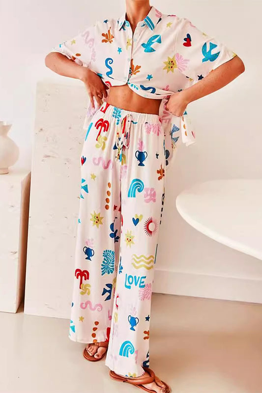 Casual Print Graffiti Pocket Turndown Collar Long Sleeve Two Pieces