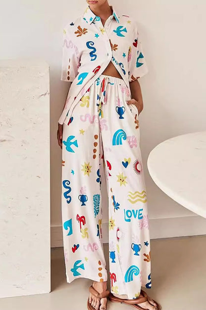 Casual Print Graffiti Pocket Turndown Collar Long Sleeve Two Pieces