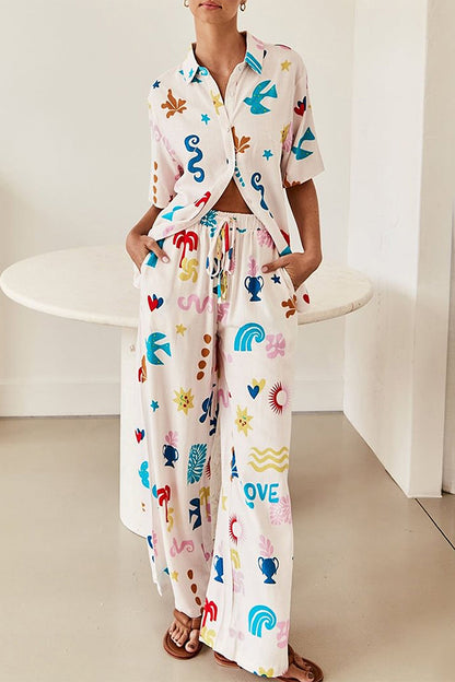 Casual Print Graffiti Pocket Turndown Collar Long Sleeve Two Pieces