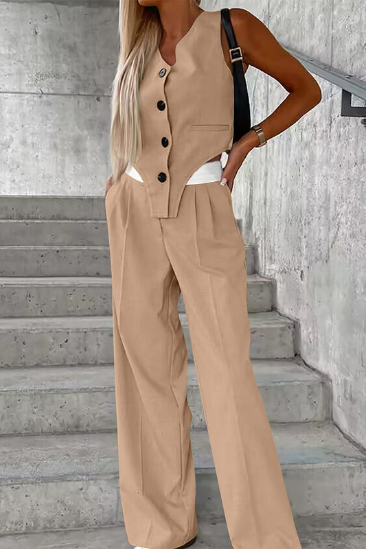 Casual British Style Solid Buttons Fold Asymmetrical V Neck Sleeveless Two Pieces(8 Colors)