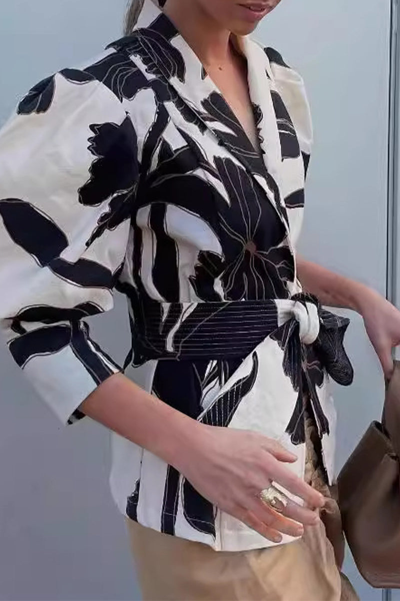 Elegant Geometric Print Hollowed Out Contrast Turn-back Collar Blouses