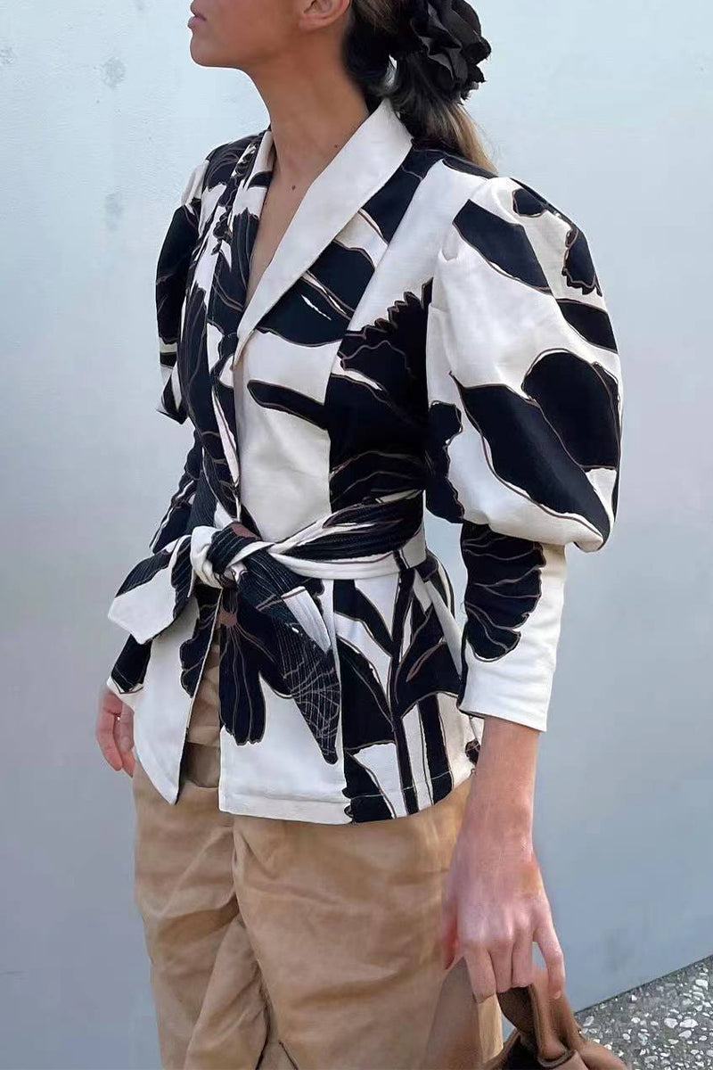 Elegant Geometric Print Hollowed Out Contrast Turn-back Collar Blouses