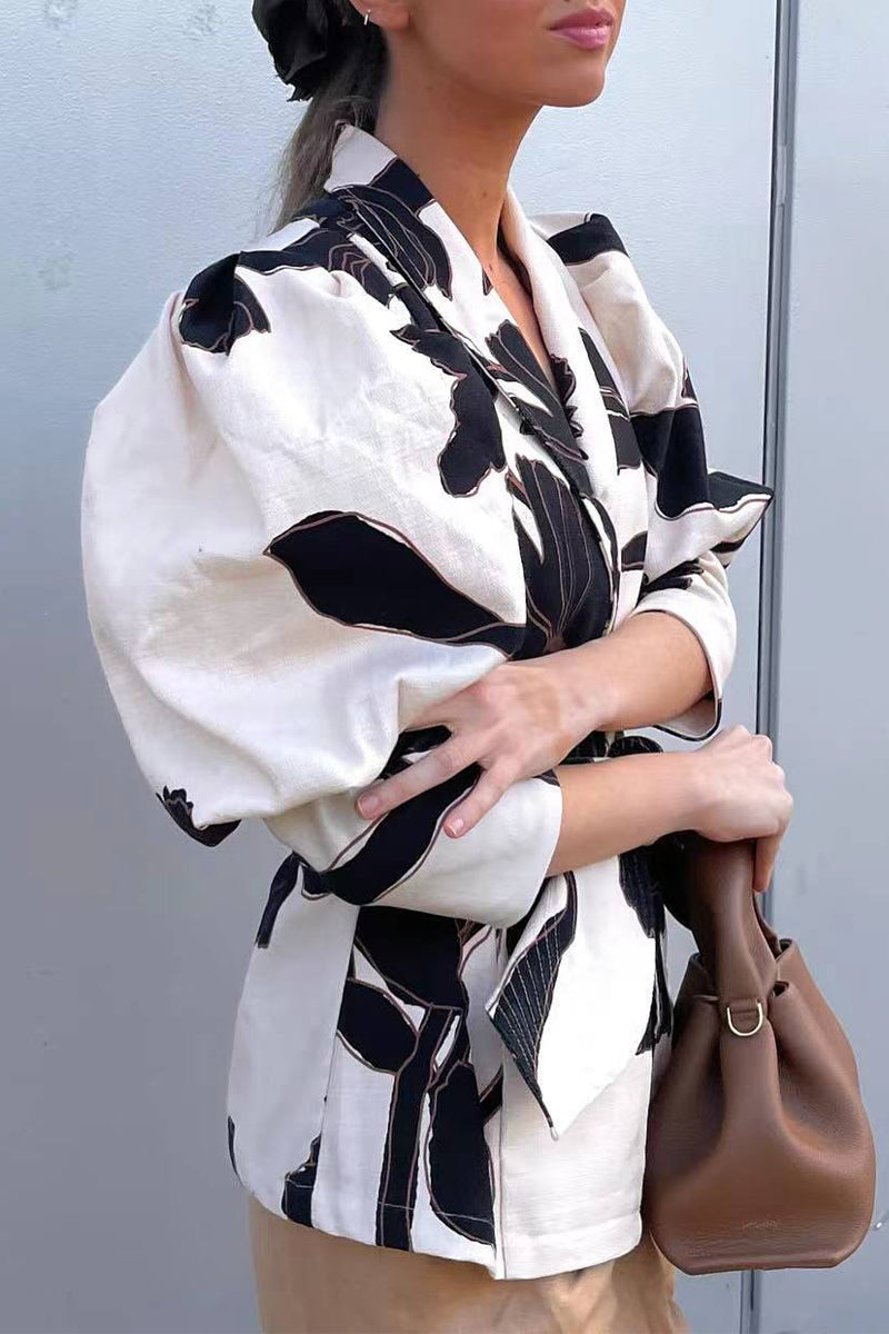 Elegant Geometric Print Hollowed Out Contrast Turn-back Collar Blouses