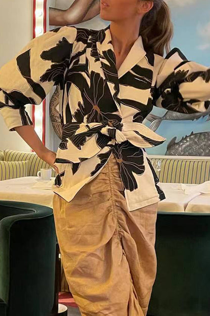 Elegant Geometric Print Hollowed Out Contrast Turn-back Collar Blouses