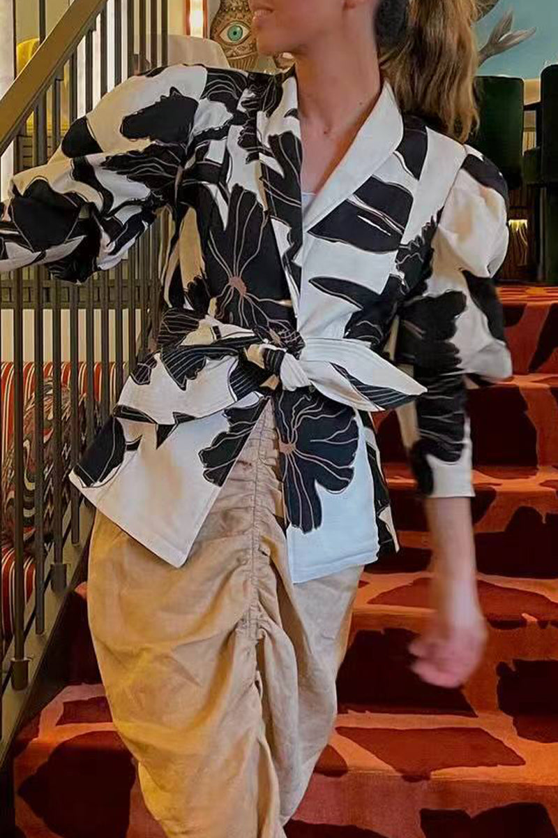 Elegant Geometric Print Hollowed Out Contrast Turn-back Collar Blouses
