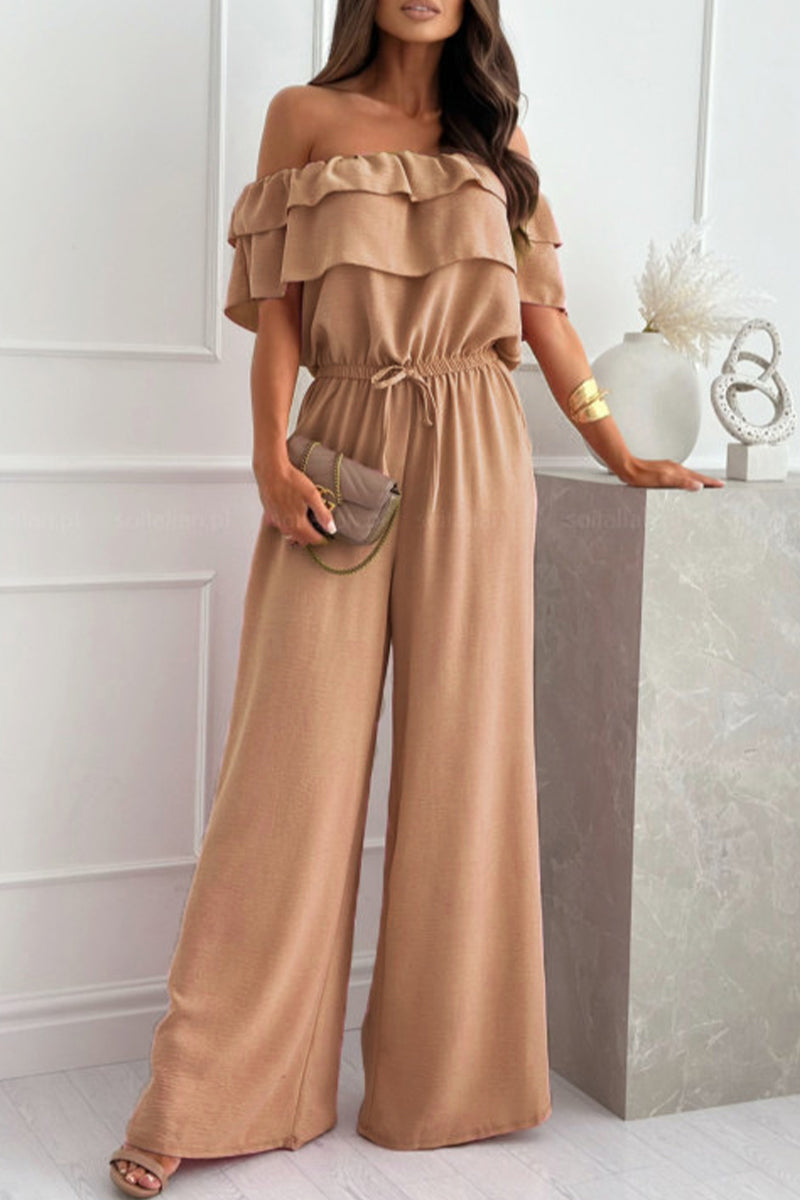 Elegant Solid Flounce Fold Off the Shoulder Loose Jumpsuits