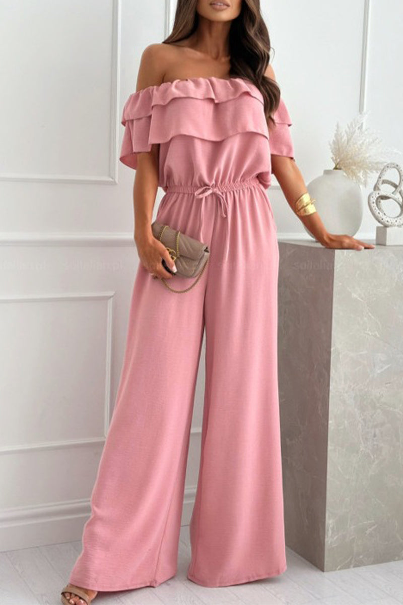 Elegant Solid Flounce Fold Off the Shoulder Loose Jumpsuits