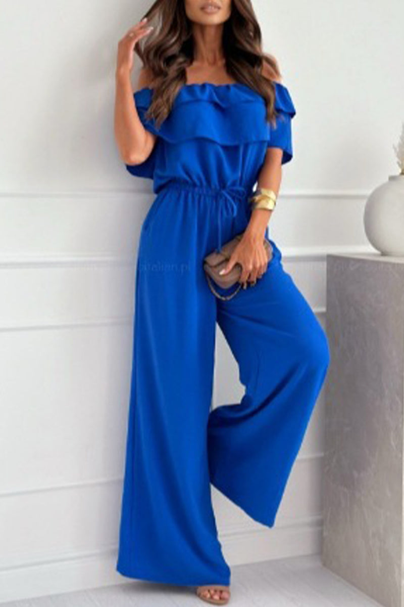 Elegant Solid Flounce Fold Off the Shoulder Loose Jumpsuits