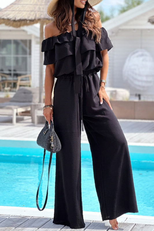 Elegant Solid Flounce Fold Off the Shoulder Loose Jumpsuits