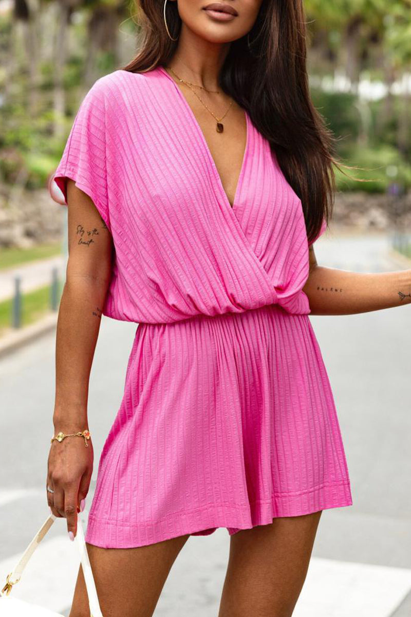 Simplicity Solid Fold V Neck Loose Rompers