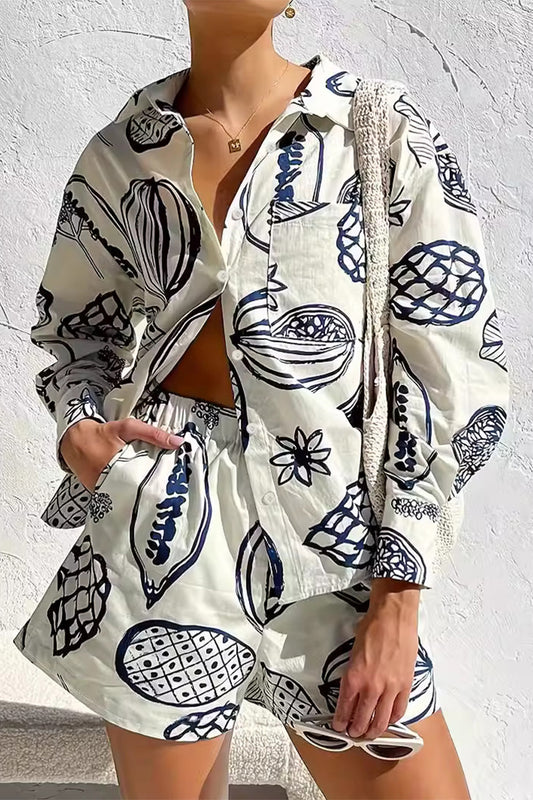 Casual Print Graffiti Pocket Turndown Collar Long Sleeve Two Pieces