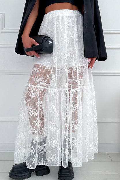 Elegant Solid Lace See-through Loose High Waist Type A Solid Color Bottoms