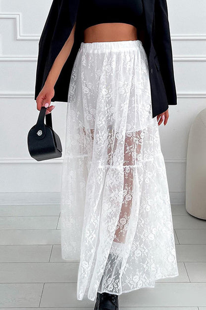 Elegant Solid Lace See-through Loose High Waist Type A Solid Color Bottoms