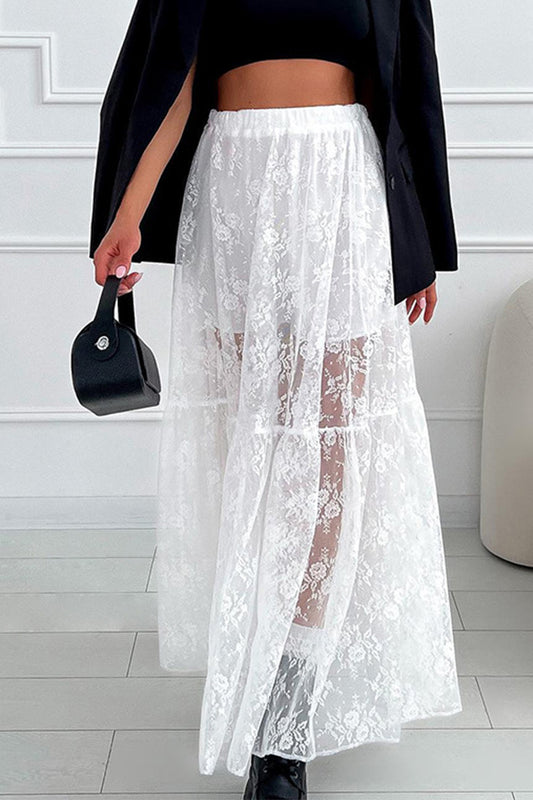 Elegant Solid Lace See-through Loose High Waist Type A Solid Color Bottoms