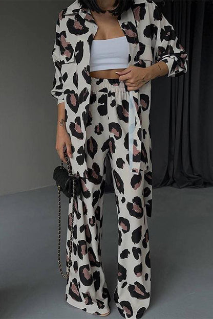 Daily Geometric Print Pocket Turndown Collar Long Sleeve Two Pieces