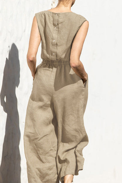 Casual Simplicity Solid Pocket O Neck Loose Jumpsuits(9 Colors)