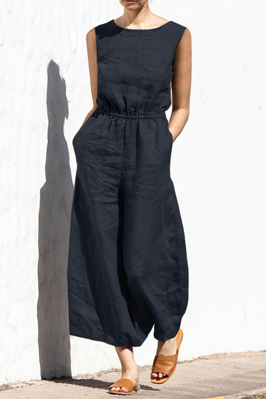 Casual Simplicity Solid Pocket O Neck Loose Jumpsuits(9 Colors)
