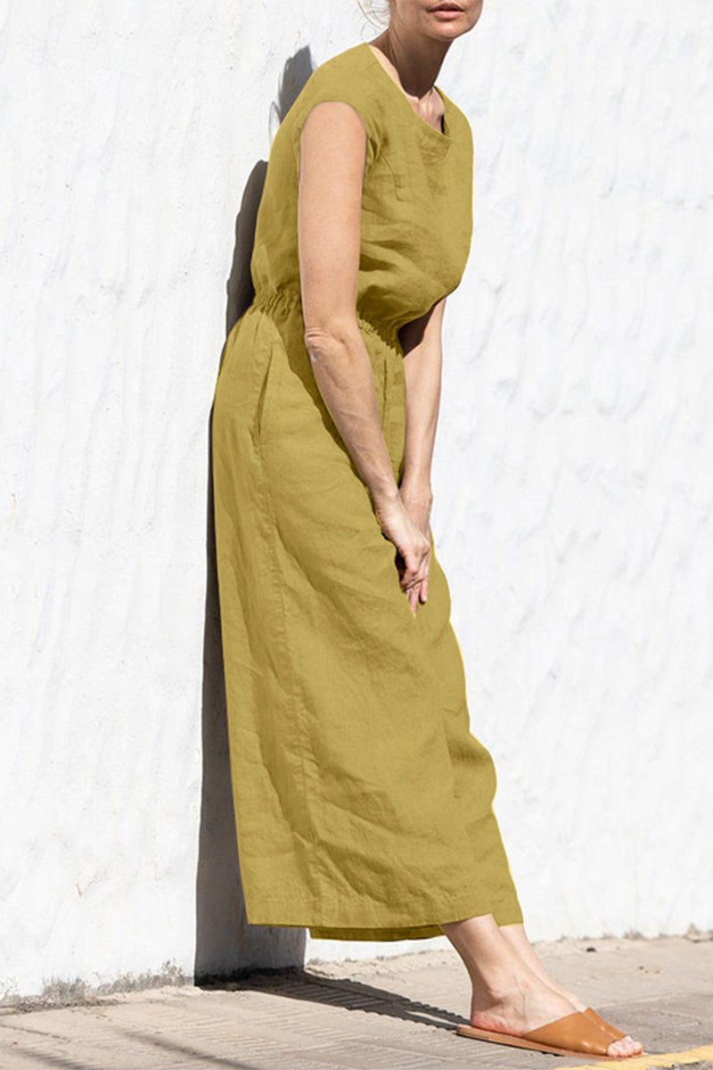 Casual Simplicity Solid Pocket O Neck Loose Jumpsuits(9 Colors)