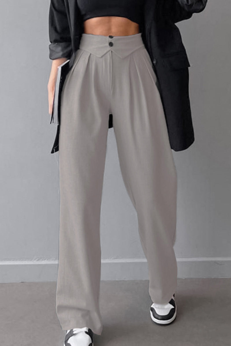 Street Solid Fold Loose High Waist Straight Solid Color Bottoms(3 Colors)