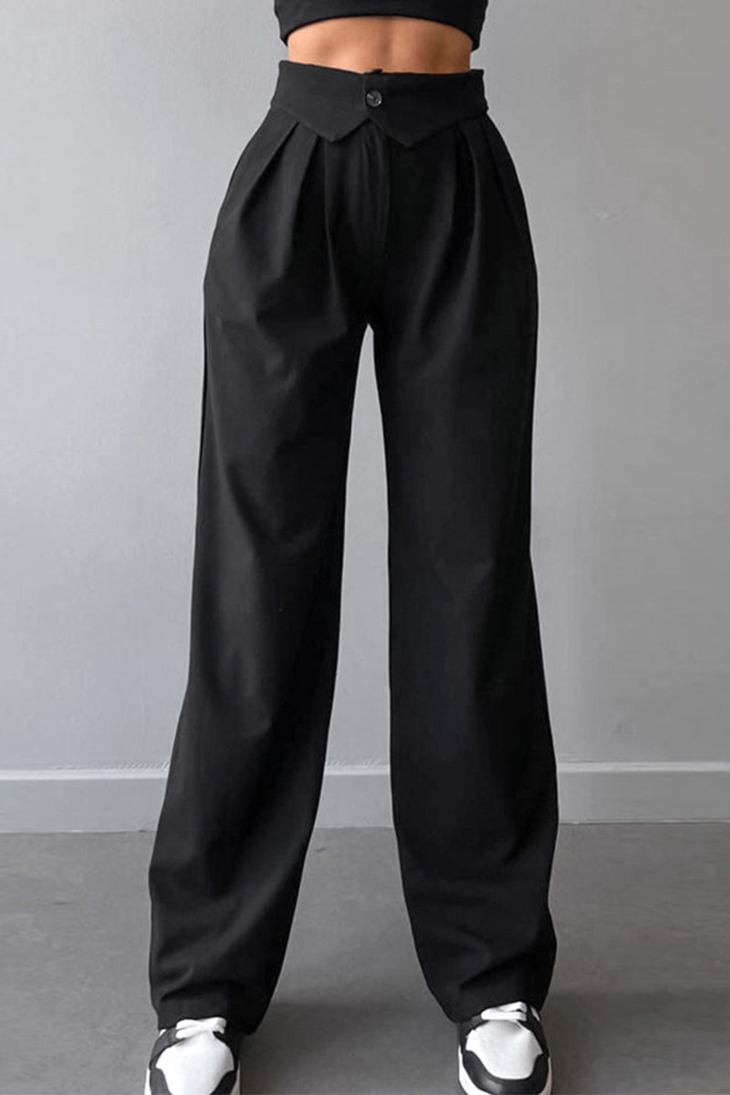 Street Solid Fold Loose High Waist Straight Solid Color Bottoms(3 Colors)