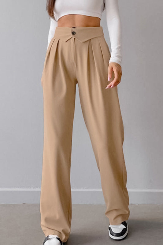 Street Solid Fold Loose High Waist Straight Solid Color Bottoms(3 Colors)