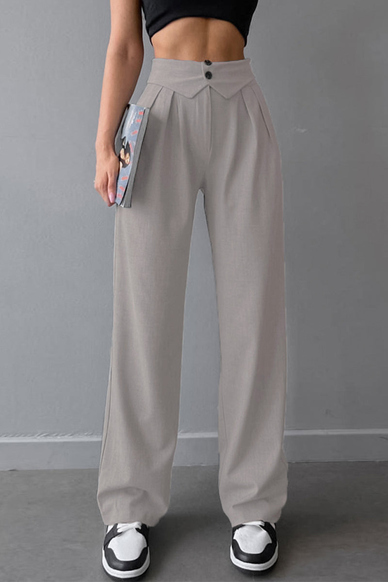 Street Solid Fold Loose High Waist Straight Solid Color Bottoms(3 Colors)