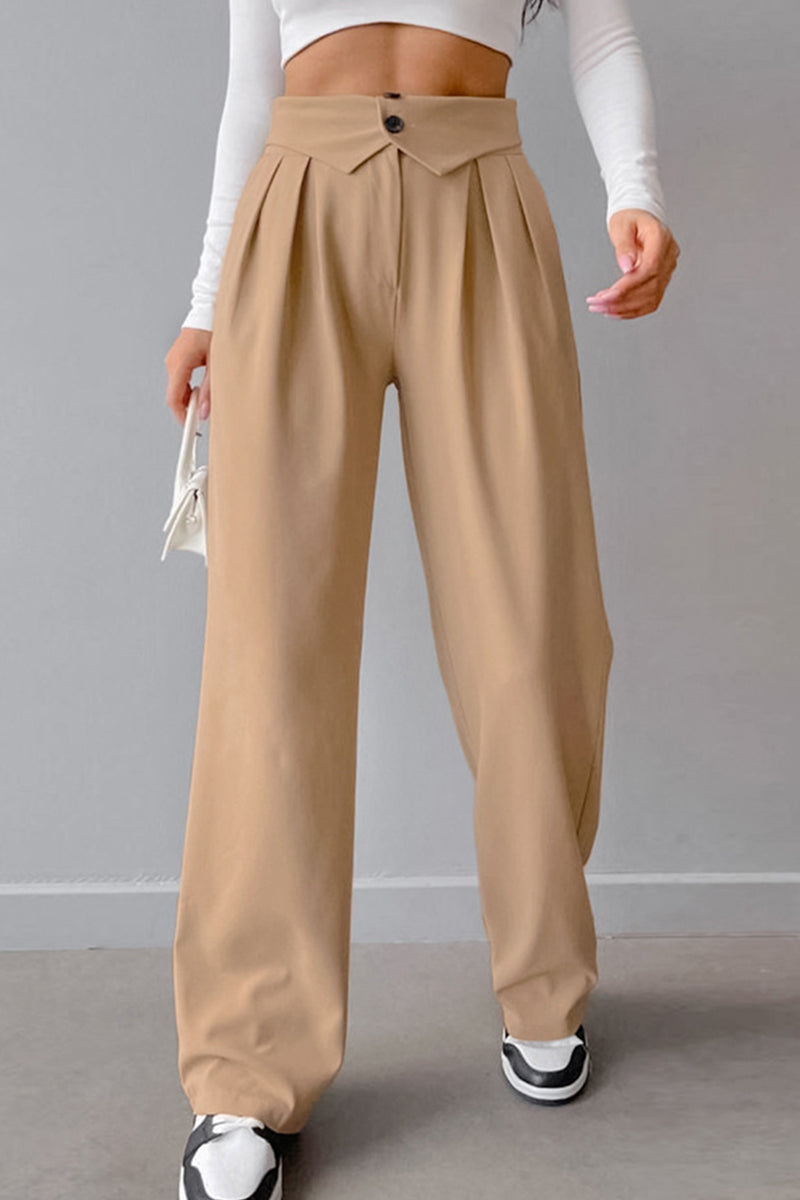 Street Solid Fold Loose High Waist Straight Solid Color Bottoms(3 Colors)