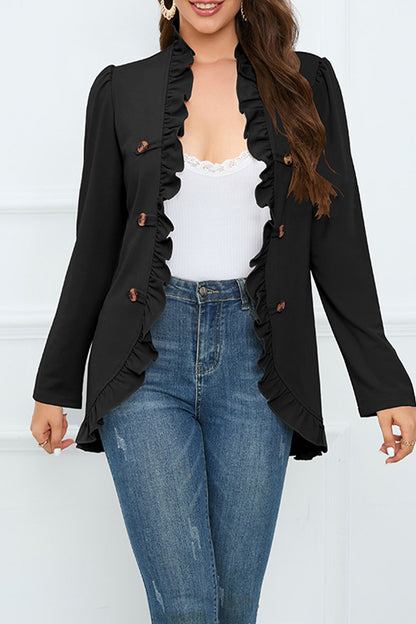 Elegant Solid Buckle Flounce Lotus Leaf Collar Outerwear(5 Colors)