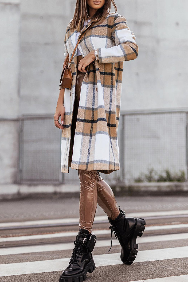 British Style Elegant Plaid Contrast Turn-back Collar Outerwear(3 Colors)