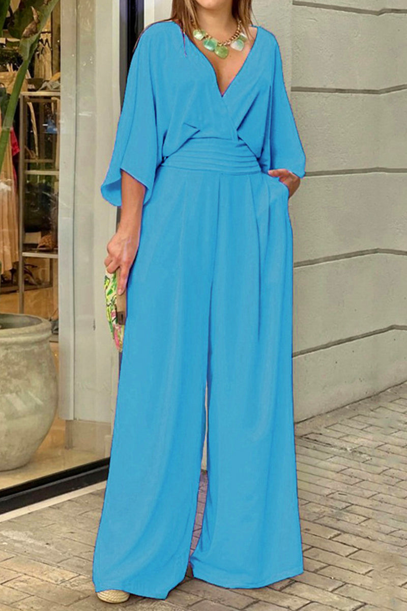 Elegant Solid Fold V Neck Loose Jumpsuits(3 Colors)