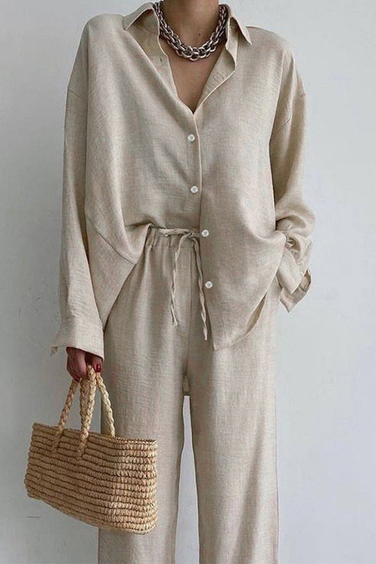 Casual Solid Frenulum Buttons Turndown Collar Long Sleeve Two Pieces(3 Colors)