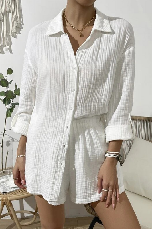 Casual Simplicity Solid Fold Turndown Collar Long Sleeve Two Pieces(8 Colors)